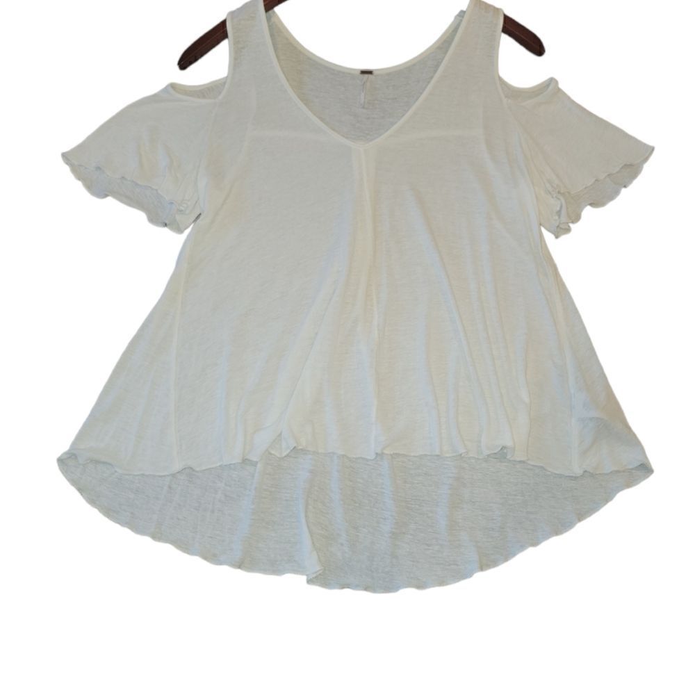 FREE PEOPLE Linen Blend Off White Bittersweet Cold Shoulder Tee Top S - Picture 4 of 13